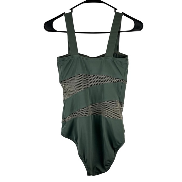 Carmen Marc Valvo One piece Olive Green Mesh Stripe panels Size 6 Summer Beach - Picture 7 of 13